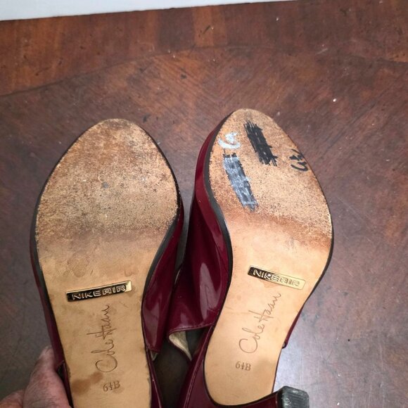 Cole Haan Burgundy Patent Leather Peep Toe Slingback Heels Adjustable Strap Wome - Picture 10 of 12